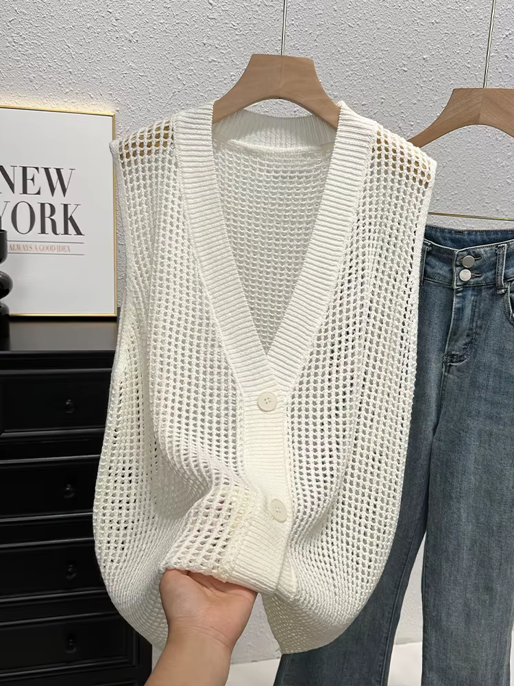 Gilet en Crochet boutonné pour femmes, col en v, sans manches, ajouré, haut d'été, style Boho Chic, 