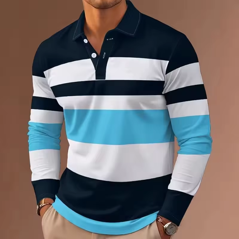 Polo à manches longues rayé multicolore pour homme, col à revers, coupe ajustée, chemise décontracté