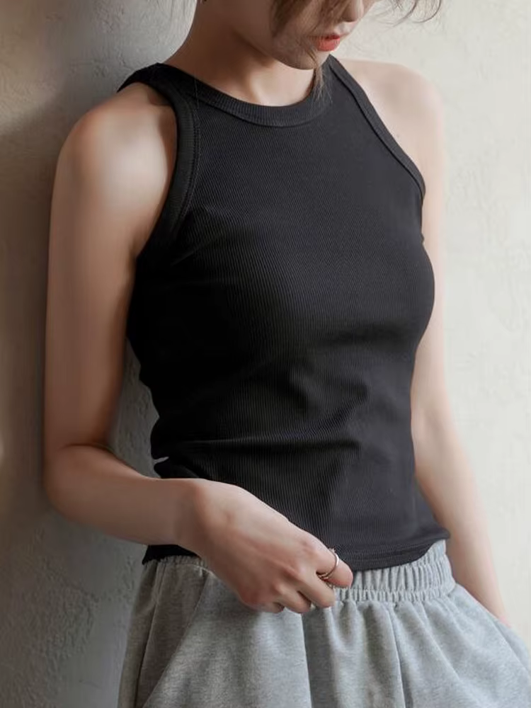 Débardeur Long tricoté blanc pour femmes, haut court décontracté, Fitness, col licou, basique, épaul