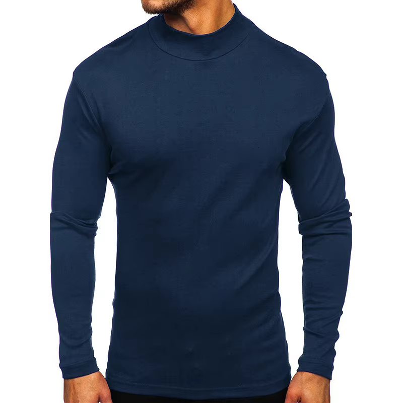 T-shirt à manches longues et col roulé pour homme, coupe ajustée, doux, couleur unie, couche de base