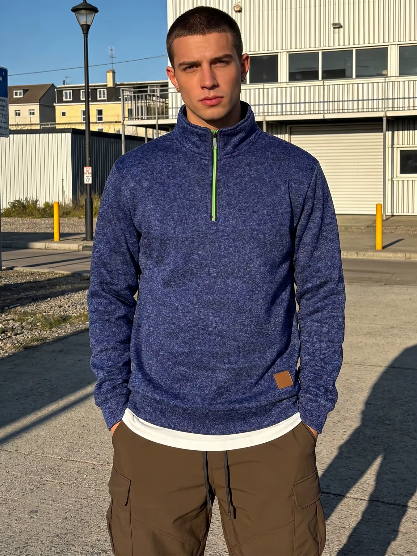 Sweat-shirt polaire demi-zip pour homme, col montant tricoté, doux et chaud, décontracté, pour l'hiv