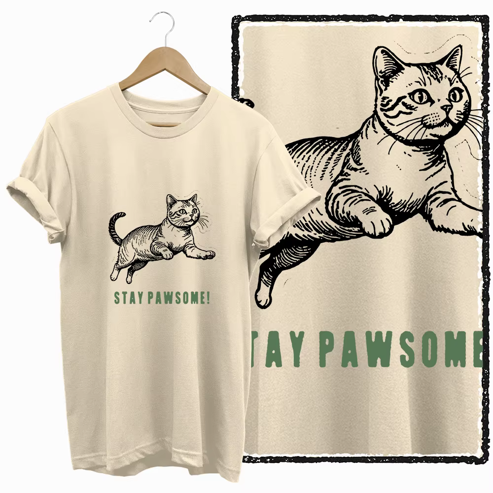 COOLMIND BEIGE chat imprimé graphique exclusif 100% coton femmes t-shirt grande taille coton ample c