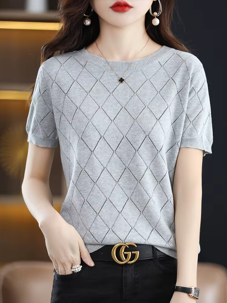 T-shirt à manches courtes et col rond pour femme, pull fin, 100% coton, pull creux en diamant, t-shi