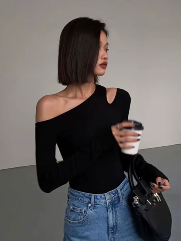 Mode col incliné épaules dénudées à manches longues T-shirts femmes printemps nouveau solide coupe a