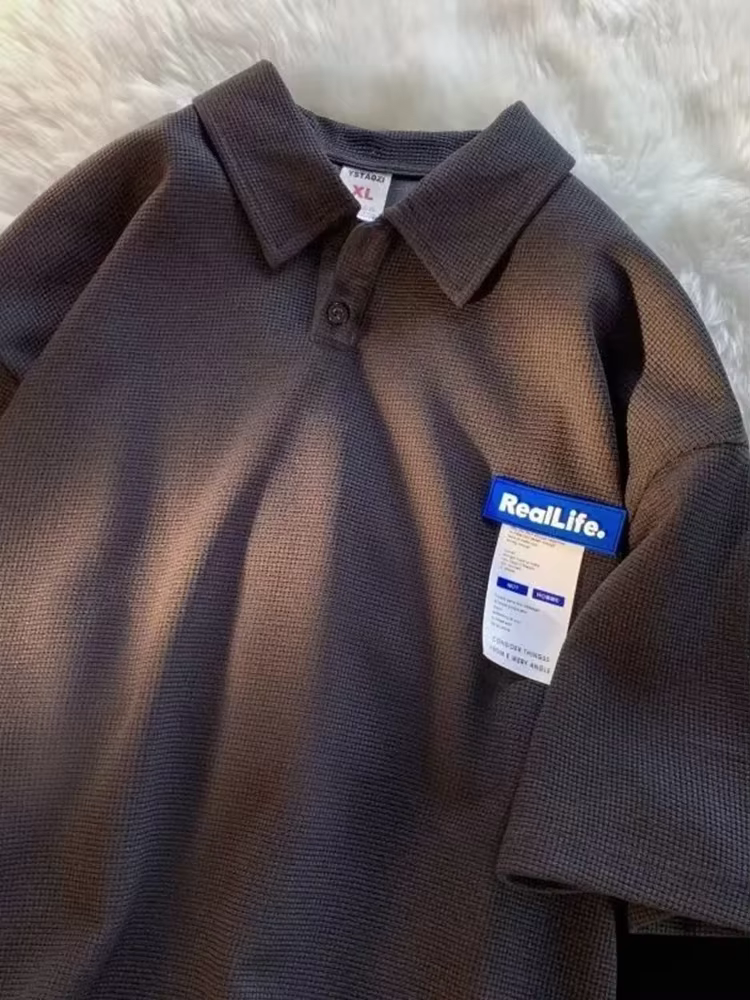 Polo décontracté à manches courtes pour hommes, t-shirt gaufré, étiquette imprimée lettre, streetwea