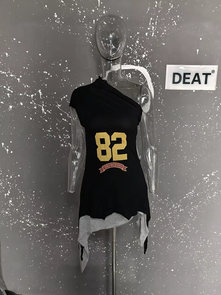 DEAT-T-shirt décontracté imprimé alertes onale pour femme, faux deux pièces irréguliers, mode femme,
