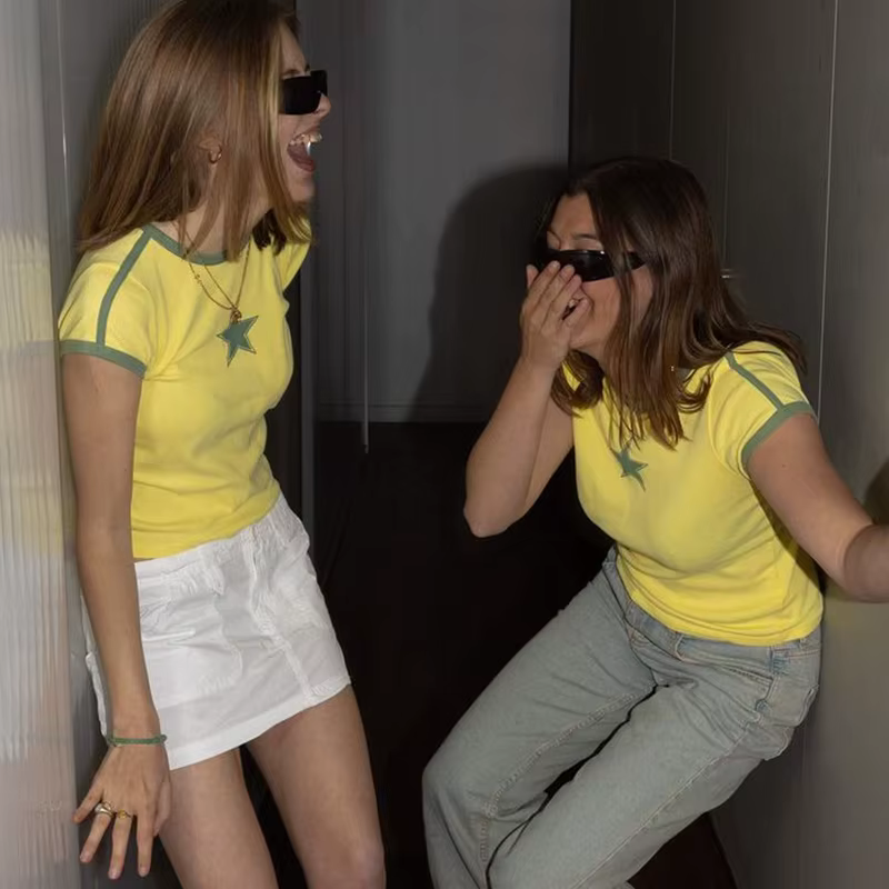 T-Shirt à Manches Courtes pour Femme, Streetwear Gothique, Vintage, Imprimé Étoile, Décontracté, Jau