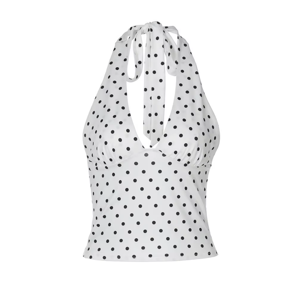 Crop Top à pois pour femme, débardeur col en V Y2K, dos froncé, idéal pour sortir, tenue d'été