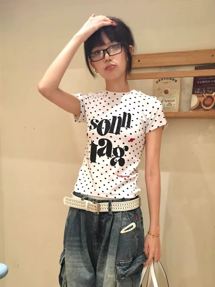 Tonngirls Harajuku imprimé graphique hauts femmes à manches courtes à pois T-shirt Y2k japonais Vint