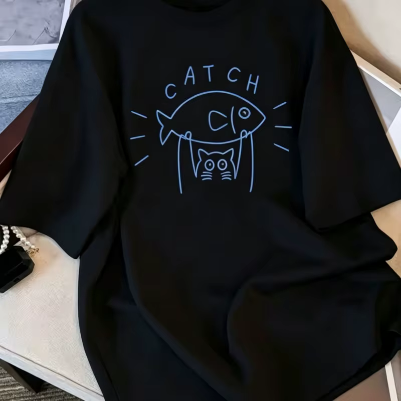 T-shirt drôle avec motif chat attrape poisson pour femmes et hommes, t-shirt graphique amusant à man
