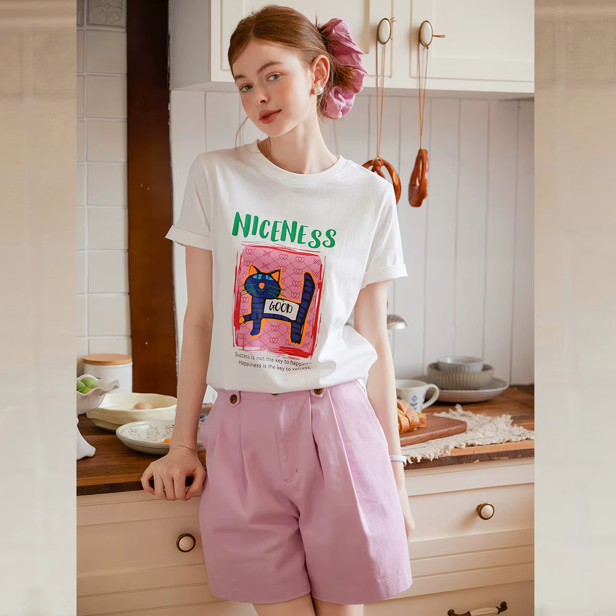 LOUIS YAO T-shirt imprimé 2025 été décontracté coton motif chat manches courtes col rond ample femme
