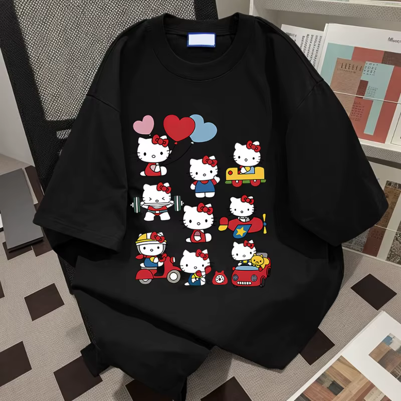 T-shirt en coton Hello Kitty Kawaii Sanrioed Anime Fashion pour femme, haut décontracté d'été, style
