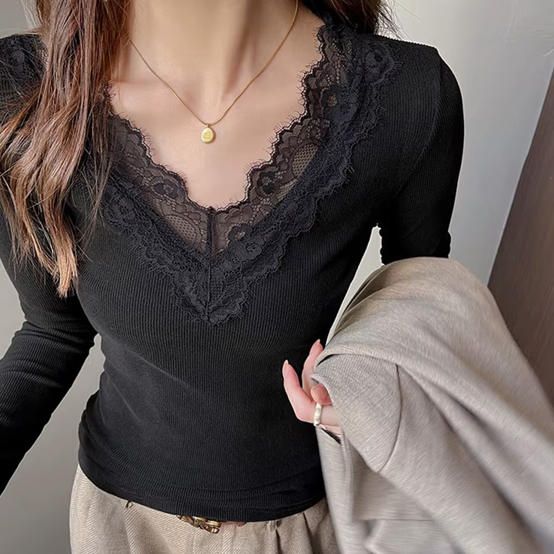 T-shirt à manches longues en dentelle blanche pour femme, printemps automne, sexy, col en V, chemise
