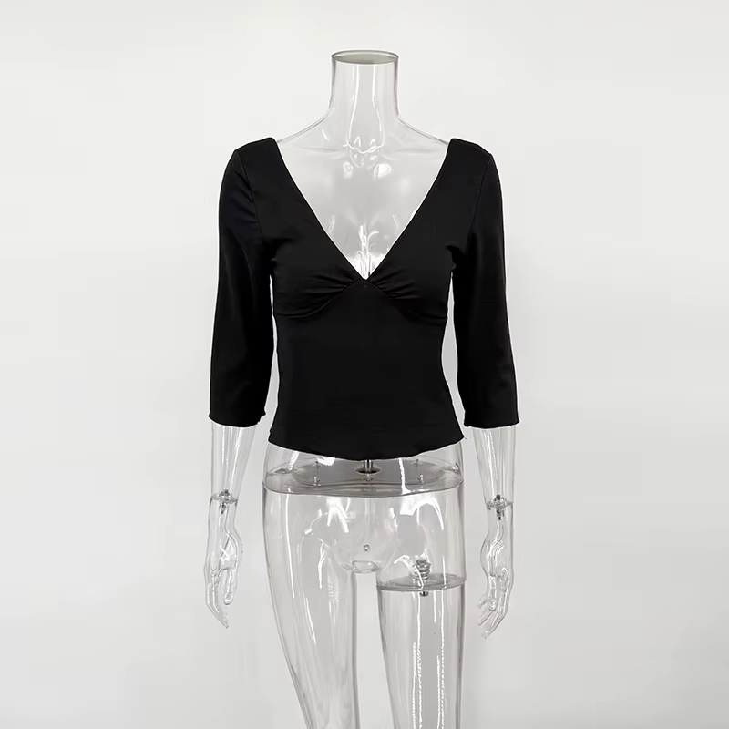 T-shirts sexy à col en V pour femmes, hauts d'été à manches longues, fendus, unis, coupe ajustée, ch