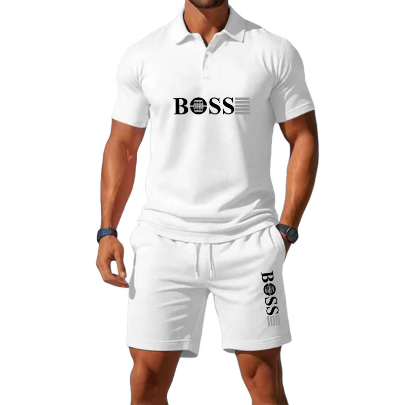Ensemble T-shirt et short décontracté pour homme - Coupe ajustée, style rétro avec col à motif monét