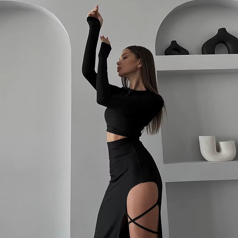 Haut à manches longues et col rond pour femme, couleur unie, décontracté, à la mode et sexy, avec br