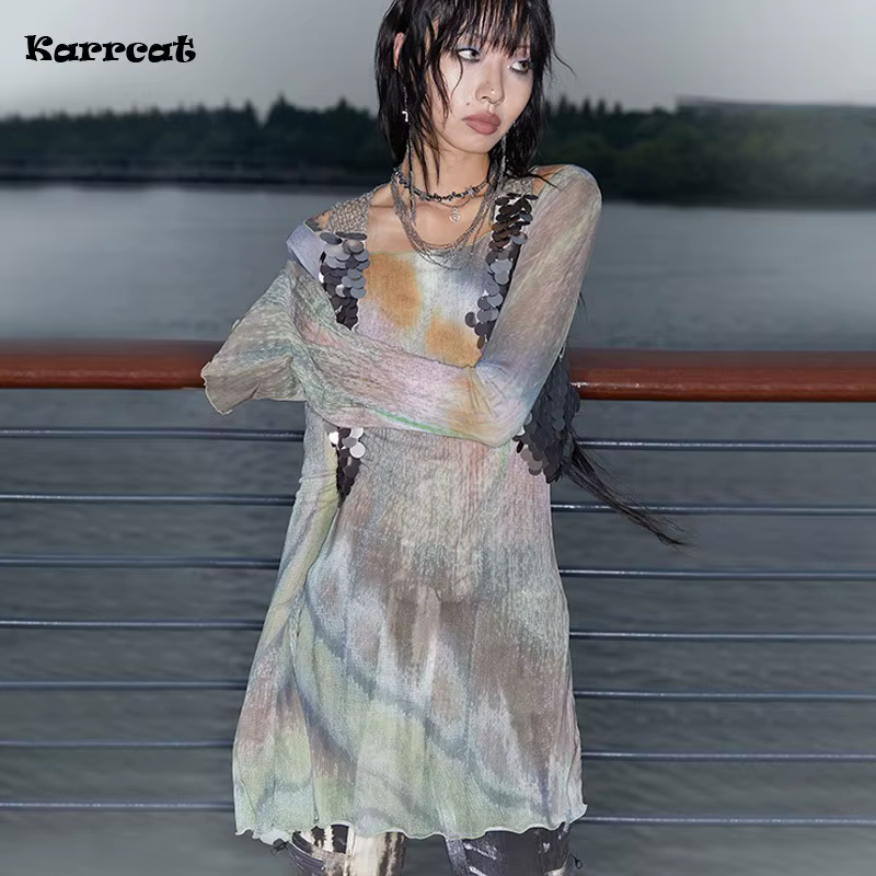 Karrcat Trashy Y2k cravate-teinture maille hauts Grunge esthétique manches évasées hauts transparent