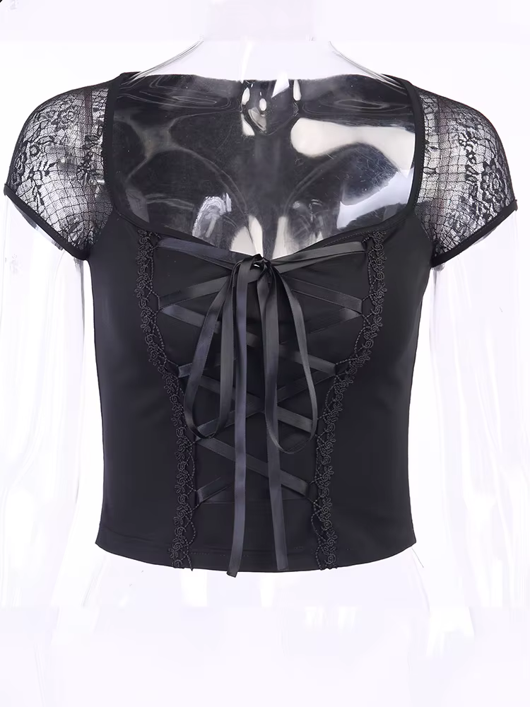 T-shirt gothique Vintage pour femmes, moulant, Bandage, dentelle, maille noire, Sexy, décontracté, g
