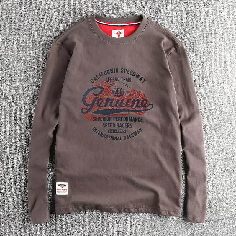 T-shirt à manches longues personnalisé pour hommes, motif de lettres de moto vintage, laine lavée, c