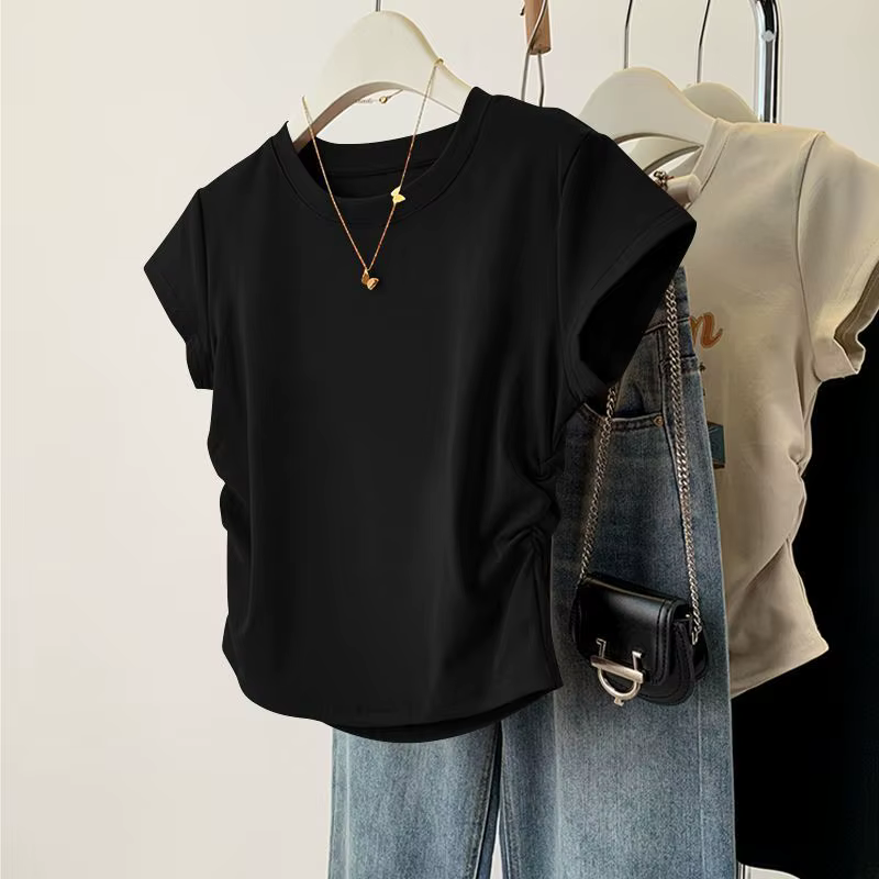 Haut d'été à manches courtes pour femmes, chemise de Base polyvalente, coupe cintrée, col rond, déco