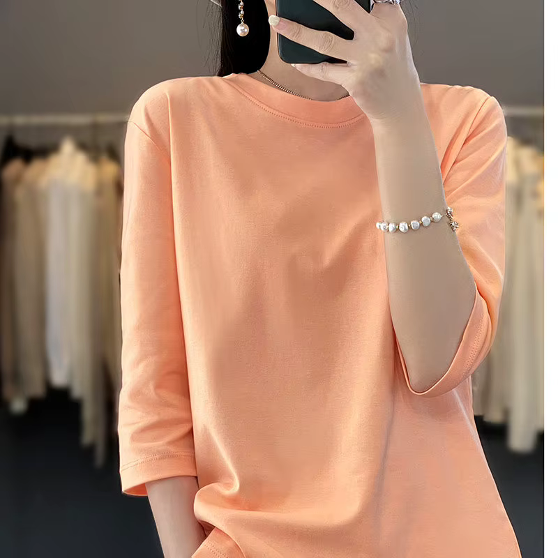 T-shirt 100 % coton à manches trois-quarts pour femme, col rond, coupe ample, couleur unie, décontra
