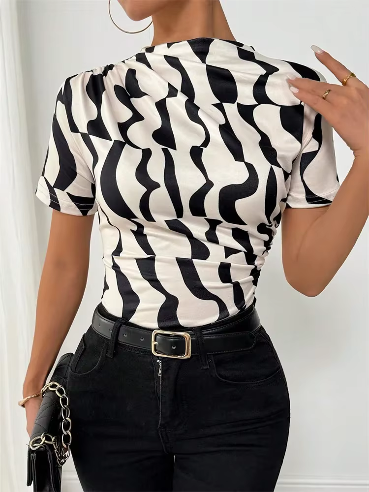 T-shirt froncé à manches courtes pour femmes, imprimé géométrique, décontracté, col montant, Slim Fi