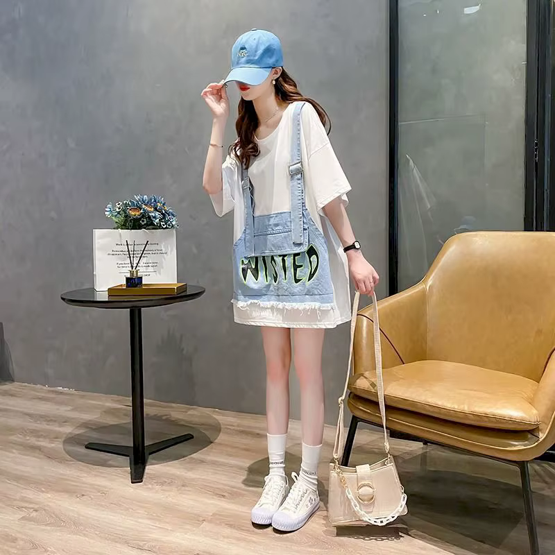 T-shirt en denim à manches courtes pour femmes, faux deux pièces, mode, vêtements coréens, été, chim