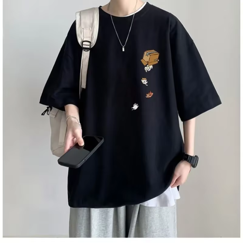 M-8XL hommes surdimensionné mode coréenne ample américain Vintage Carton chaton imprimé à manches co