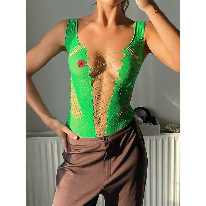 TARUXY diamants sans manches Body Lingerie haut Sexy Femme perceuse chaude col en v profond évider d