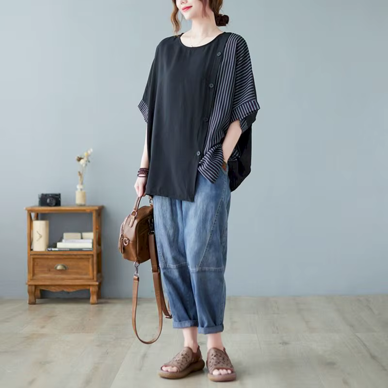 T-shirt à manches courtes en coton et lin pour femme, haut patchwork rayé, design boutonné, tendance
