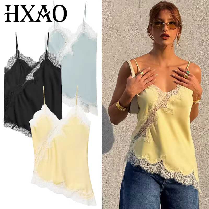 HXAO 2025 femme asymétrique haut à bretelles femmes Sexy noir jaune bleu haut dentelle réservoirs et