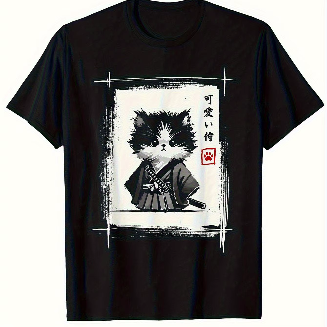 T-shirt imprimé Kawaii Chat Samouraï Art à l'encre japonaise, motif Chat mignon Katana Kanji, Street
