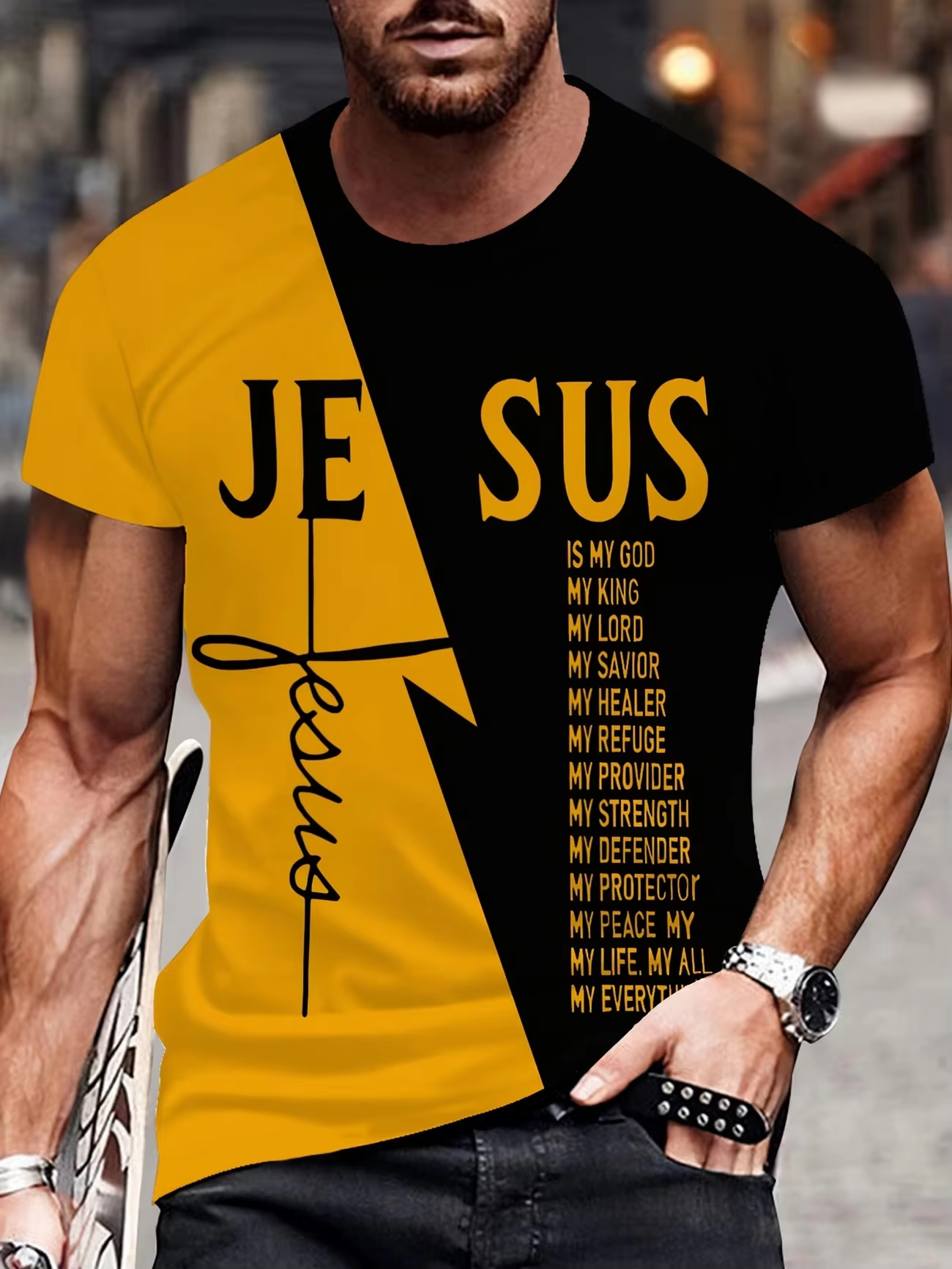 Ce t-shirt pour homme à manches courtes, très accrocheur, présente un motif color-block audacieux no