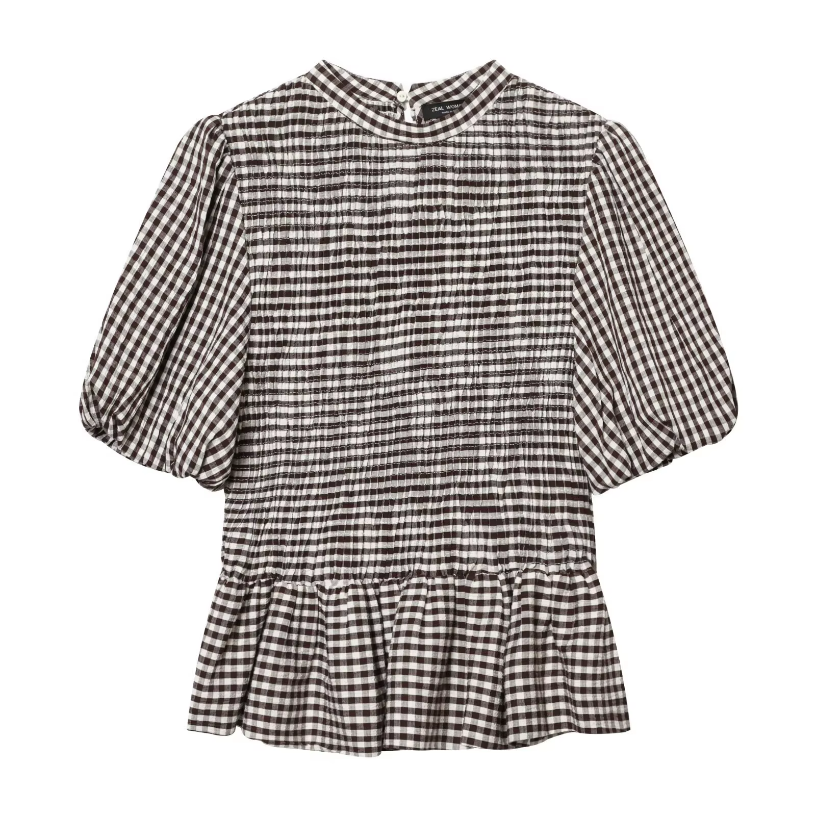 Chemise Vintage Femme Tendance à Col Montant et Manches Bulles, Coupe Ajustée, Motif Plaid Café au L
