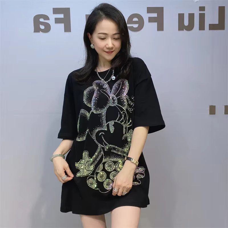 Lâche surdimensionné t-shirt femmes strass motif de dessin animé à manches courtes col rond pulls ha