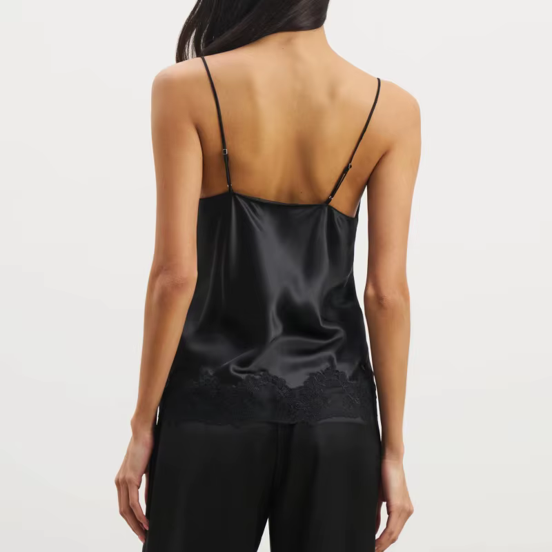 Débardeur Chic en Satin pour femmes, garniture en dentelle, col en V, soie, sans manches, bretelles