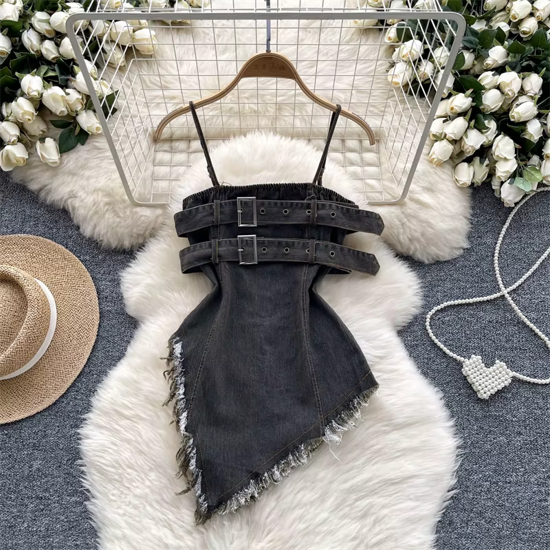 Haut court en Denim bleu pour femmes, Corset de Cowboy esthétique, gilet sans manches, épaules dénud