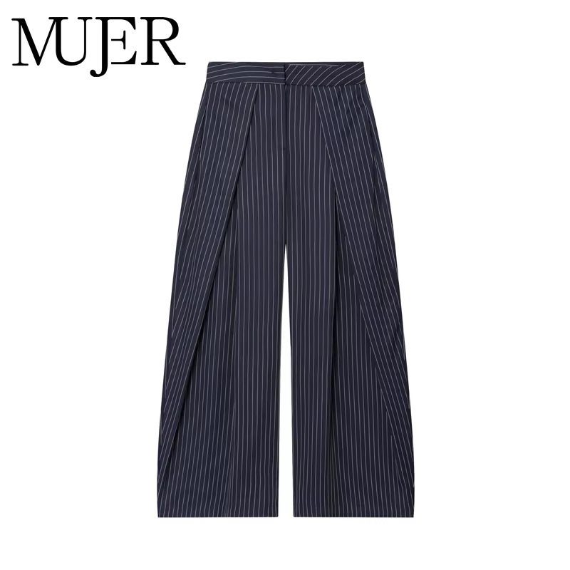 Pantalon Baggy Noir Plissé à Jambes Larges Rayé Décontracté Taille Haute pour Femme Printemps