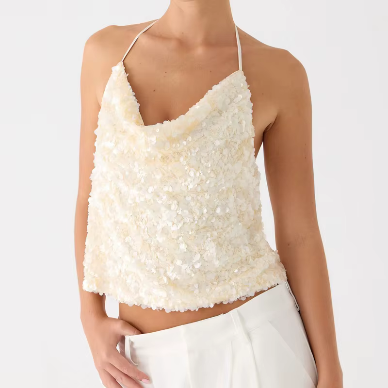 Débardeurs à sequins pour femmes, col licou, dos nu, sans manches, style streetwear, pour sorties, c