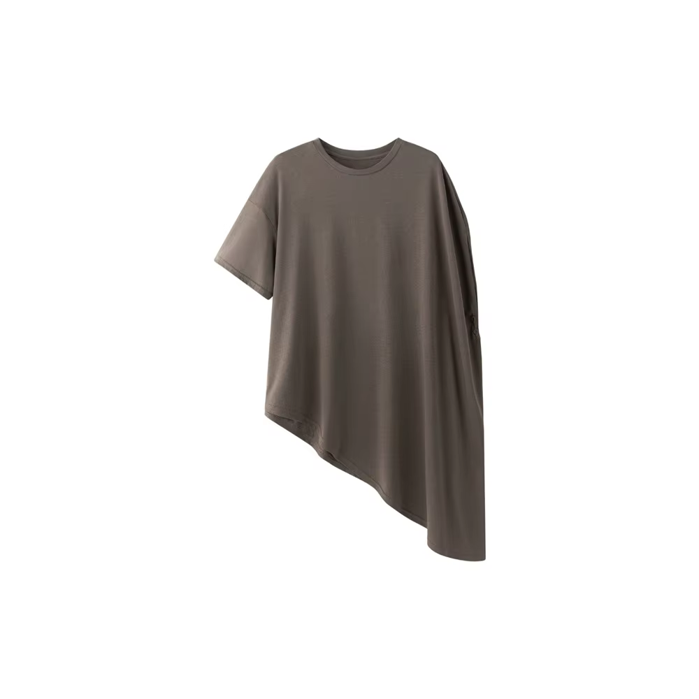 T-shirt mi-long pour femme, couleur unie, ourlet asymétrique, col rond, manches courtes, haut décont