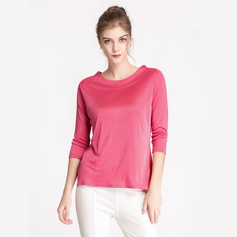Birdtree soie mélange tricoté solide T-shirts, Slash cou lâche femmes décontracté basiques T-shirts,