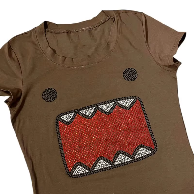 Été nouvelles femmes Y2K fille rétro chaud Fix strass Application col rond haut T-shirt drôle Vintag