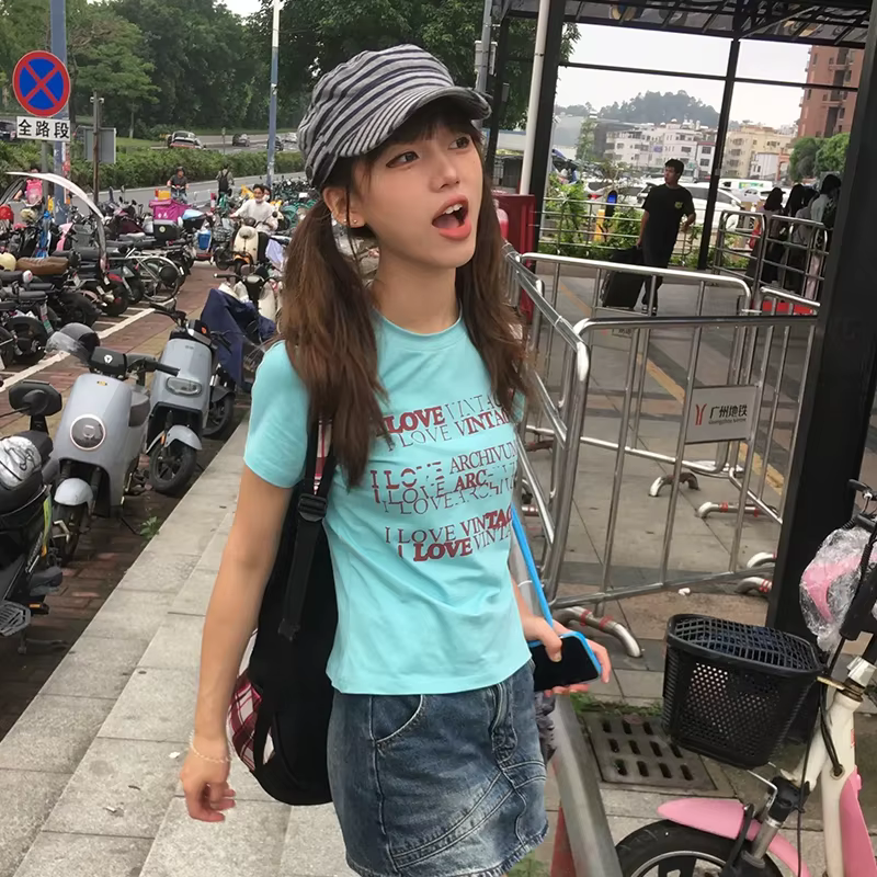 Karrram japonais Y2k lettre impression T-shirt Trashy 2000s Style haut court Vintage Harajuku manche