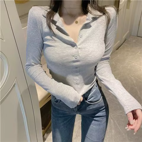 Polo uni pour femme avec bouton bleu, 100 coton Belgi, t-shirt femme printemps automne, t-shirts vêt