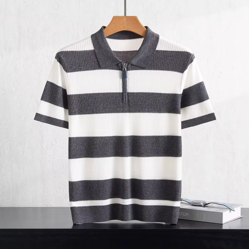 T-shirt pour homme à col polo rayé en tricot à manches courtes 100% Lyocell respirant et confortable