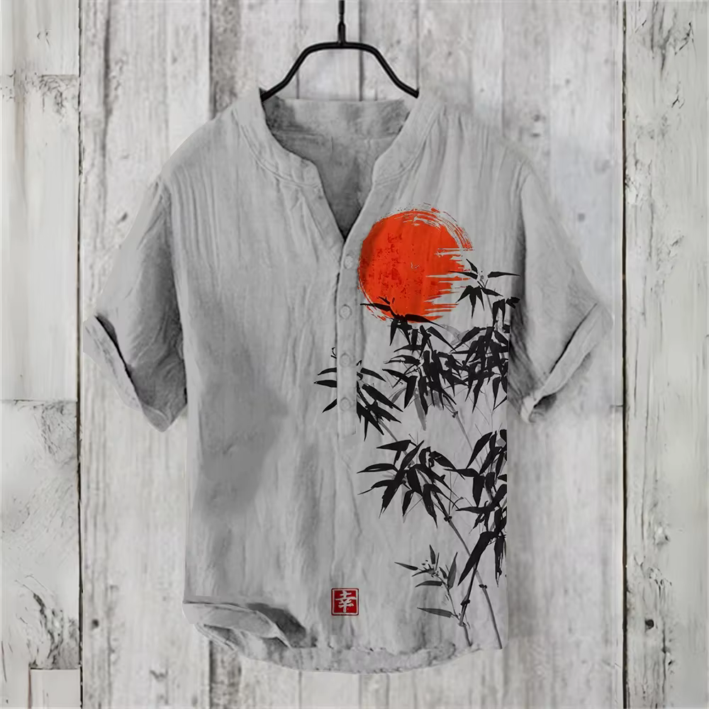 POLO chinois rétro à manches courtes pour hommes, vêtements imprimés en lin mélangé, confortables, d