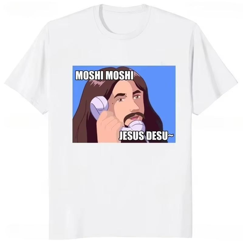Moshi Moshi Jesus Desu T-shirt drôle pour hommes, T-shirt à manches courtes, respirant, décontracté,