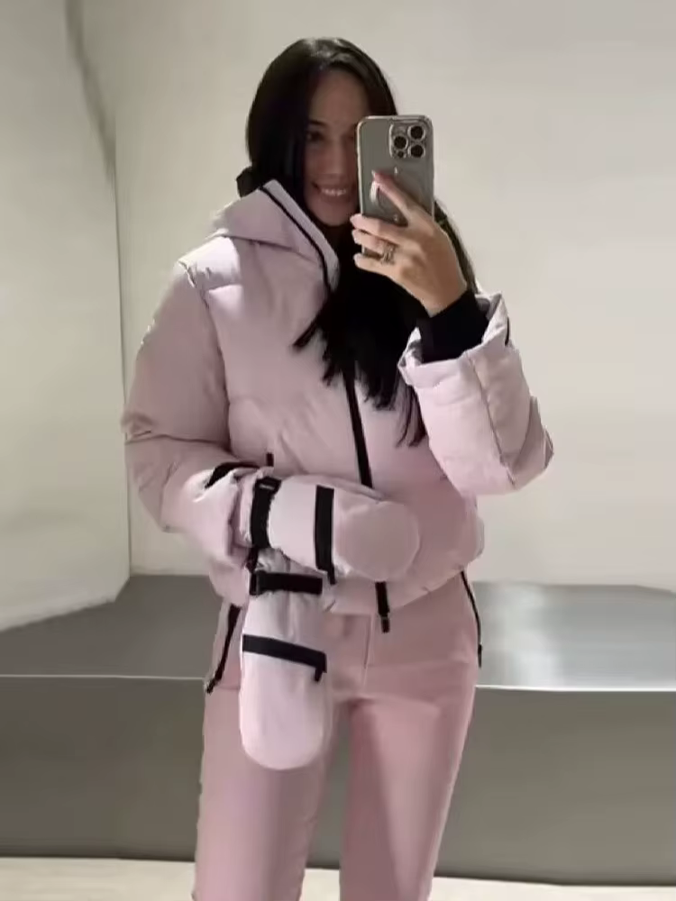 HH femmes mode poche fermeture éclair manches longues à capuche ski coton rembourré cordon veste + t