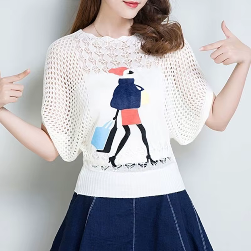 T-shirt manches chauve-souris pour femmes, décontracté, impression diamants, mince, pulls crème sola