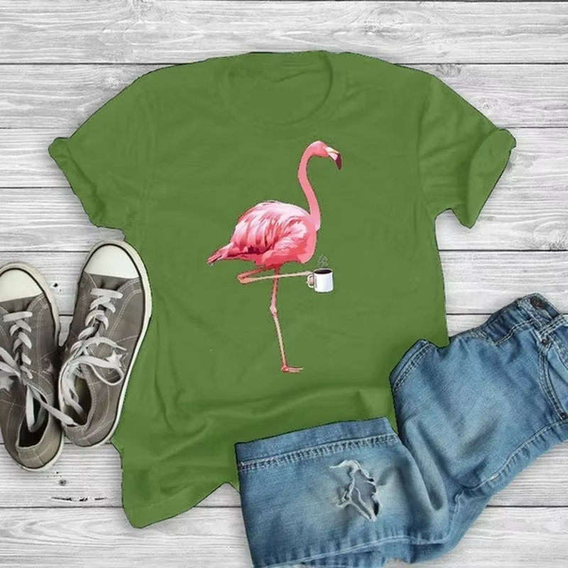 Flamingo café imprimé t-shirt femmes à manches courtes col rond t-shirt ample été femmes t-shirt hau